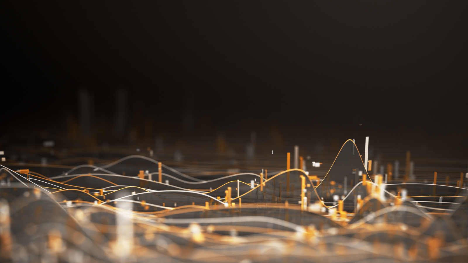 Kurvor och staplar mot en svart bakgrund och en suddig siluett av en stad